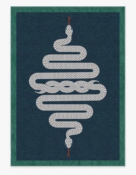green and blue rug with dual snake image in the center