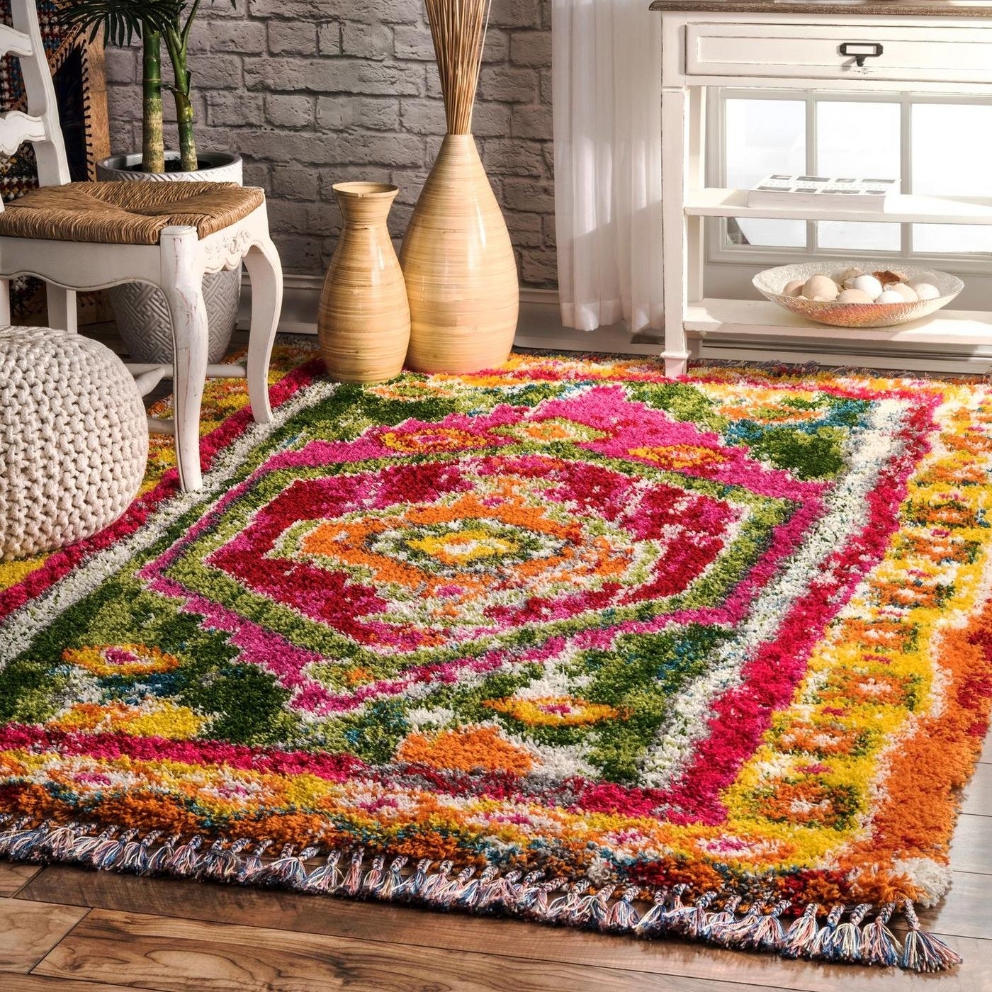 the fuzzy patterned shag rug in warm colors