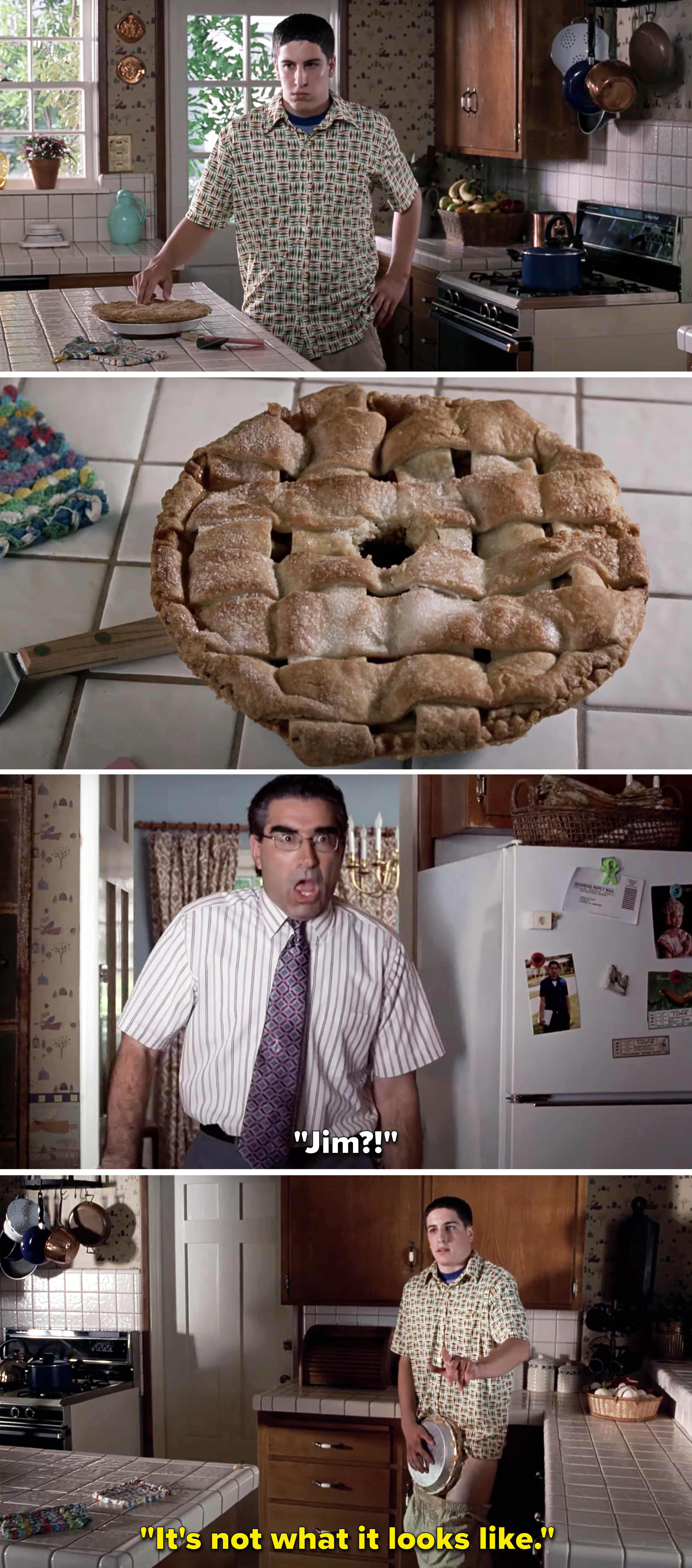 Jim&#x27;s dad walking in while he has a pie on his penis
