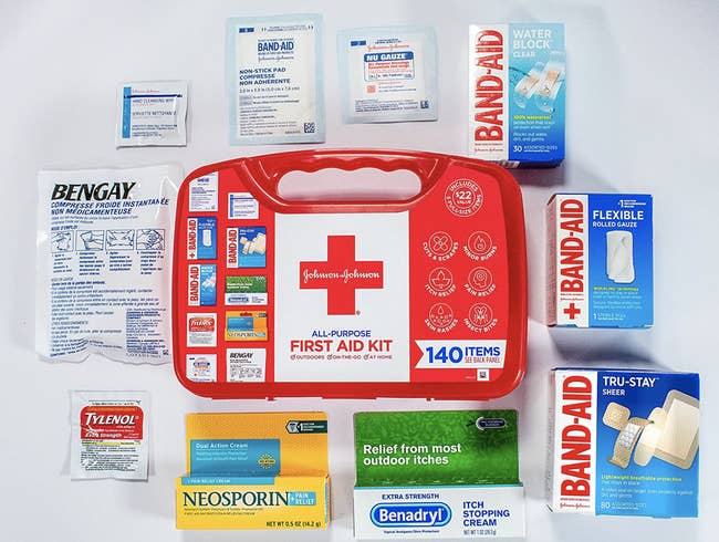kit with several items like band aids, Neosporin, Benadryl and more around it