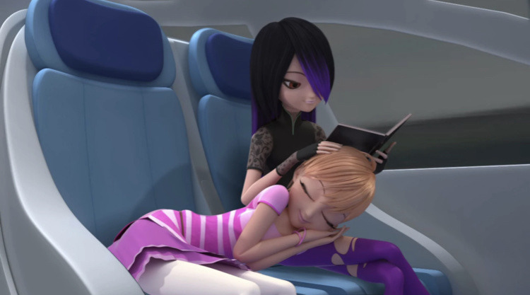 Rose is resting head on Juleka&#x27;s lap with her hands tucked under her cheek, as the latter reads a book with one hand on Rose&#x27;s head