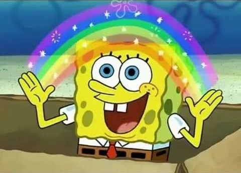 SpongeBob smiling widely, with a rainbow between his outstretched hands