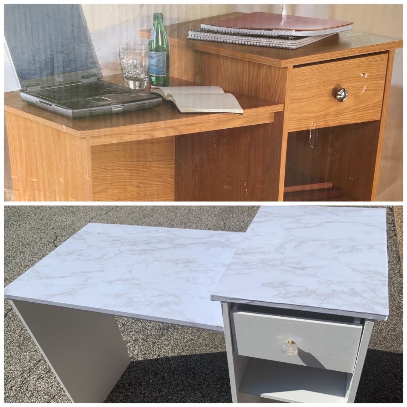 before and after reviewer images of a wooden vanity then covered with marble contact paper