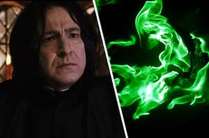 A close up of Severus Snape as he frowns and a brightly colored glowing fire