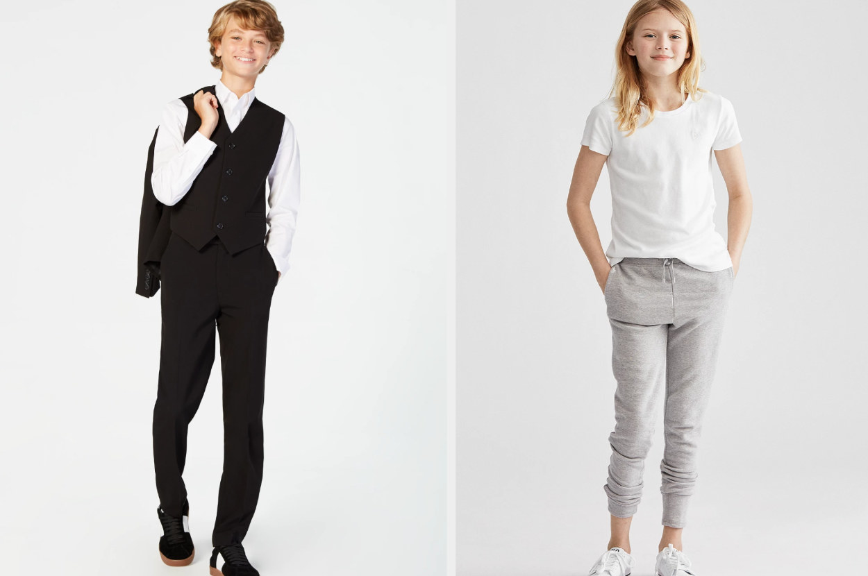 Model wearing white button down with black vest and black suit pants, model wearing white t-shirt and gray joggers