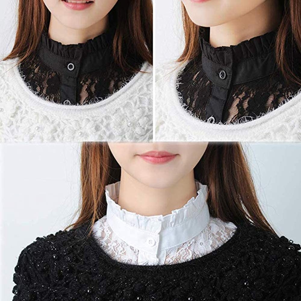 Three photos of a person wearing the collar underneath a sweater