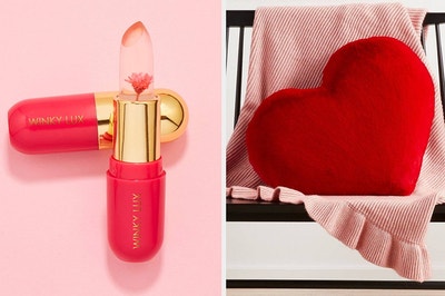 lip gloss on the left and a heart shaped pillow on the right