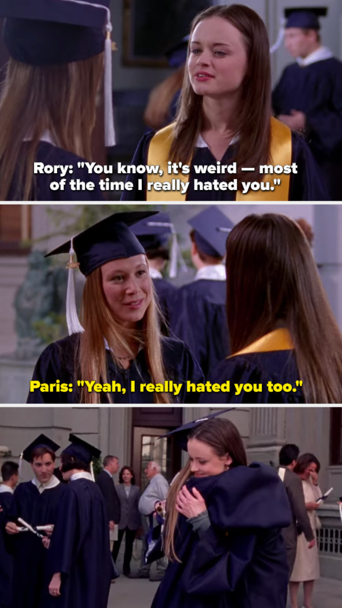 Paris and Rory say they hated each other most of the time then smile and hug at graduation