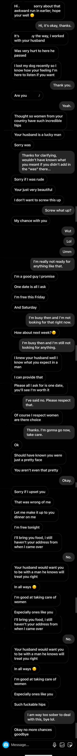 Someone tries to hit on the spouse of his former co-worker, who passed away