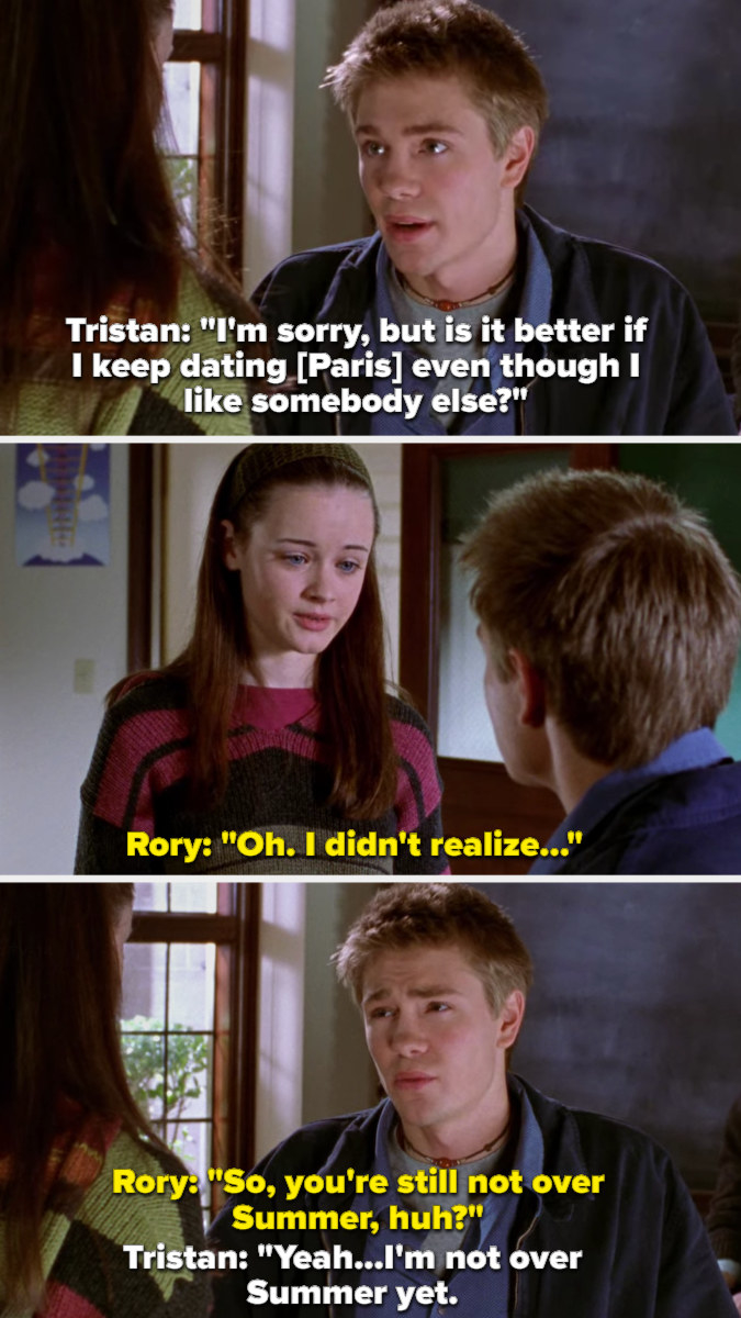 Tristan says he can&#x27;t keep dating Paris because he likes &quot;somebody else,&quot; Rory realizes he means her but they both pretend he&#x27;s talking about his ex Summer