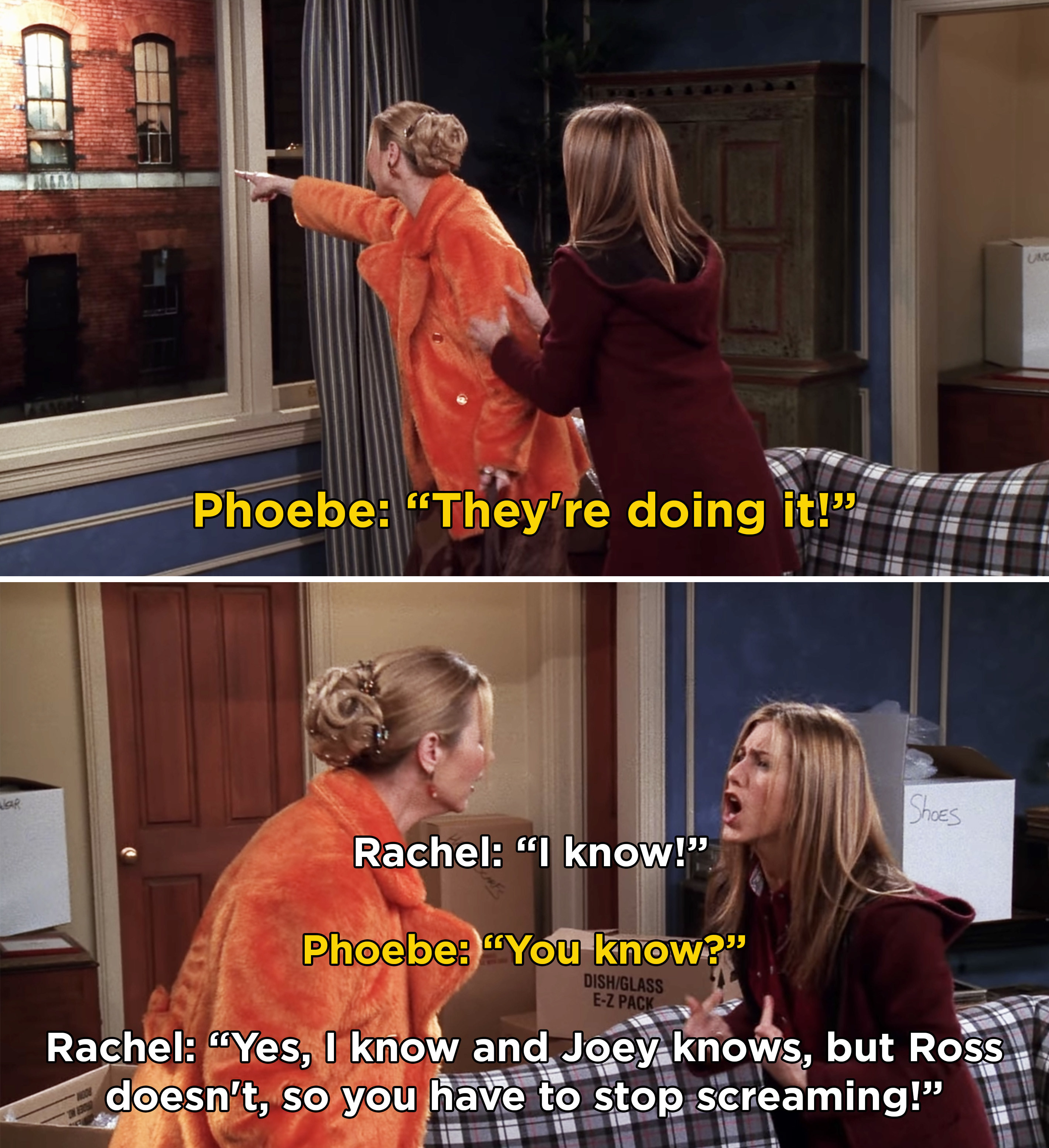 Phoebe points to Chandler and Monica hooking up: &quot;They&#x27;re doing it!&quot; Rachel: &quot;I know!&quot; Phoebe: &quot;You know?&quot; Rachel: &quot;Yes I know and Joey knows but Ross doesn&#x27;t so you have to stop screaming!&quot;