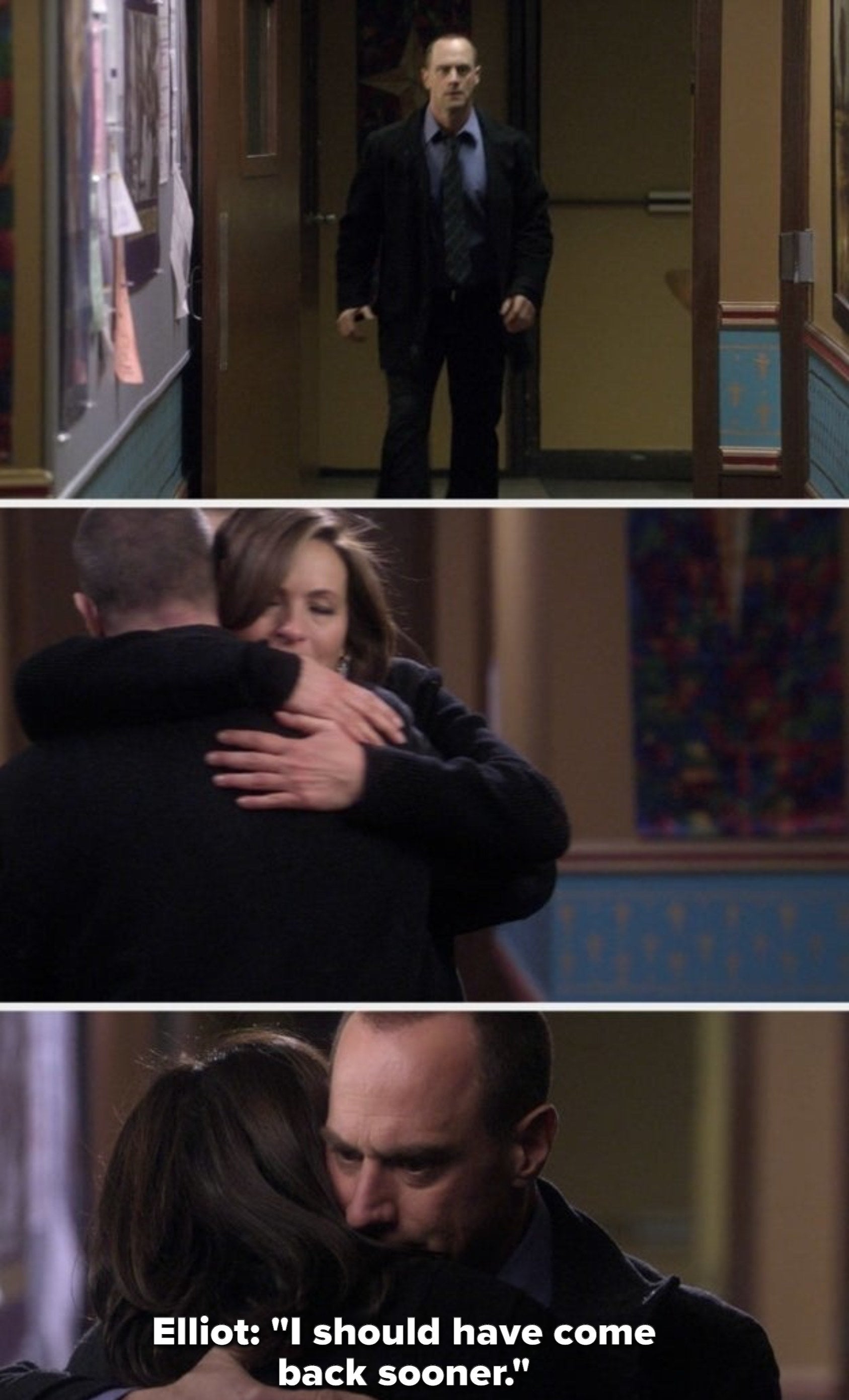 Olivia and Elliot embrace and share a long hug, Elliot says he should have come back sooner