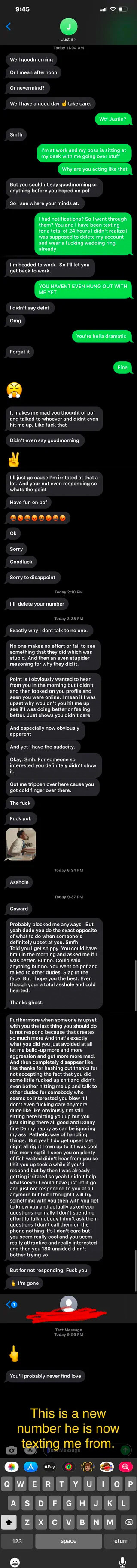 A guy throws a tantrum because someone checked the dating app before responding to him over text