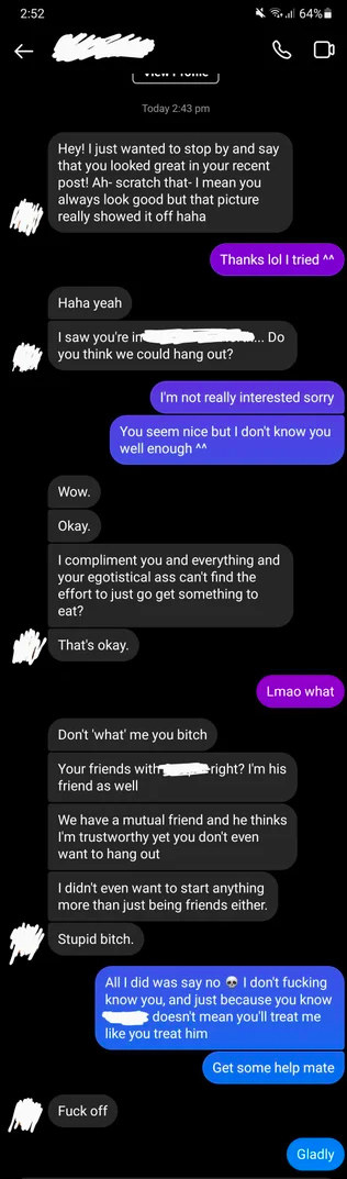 Someone gets mad that a friend of a friend won&#x27;t hang out with them after they gave her a compliment