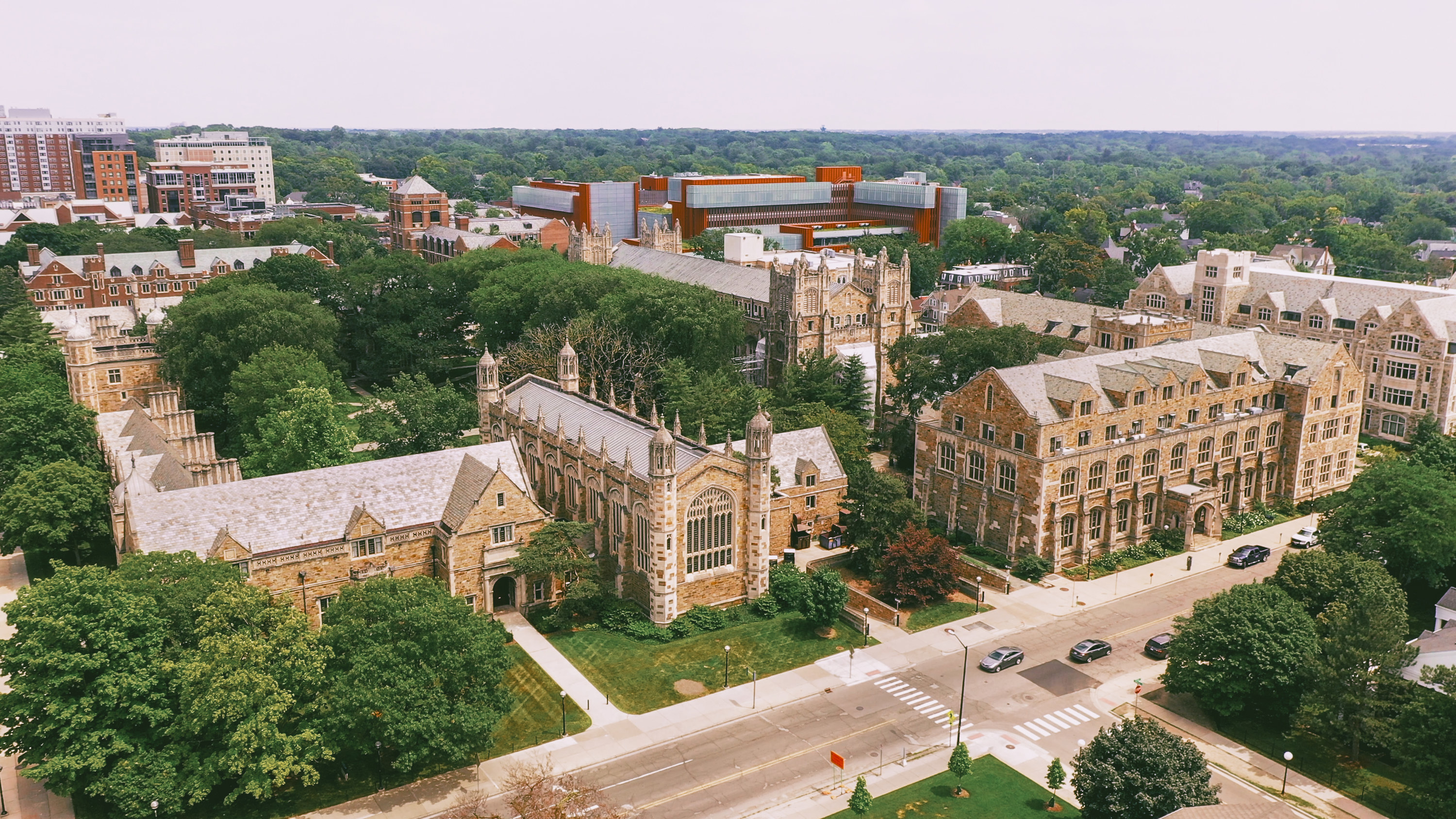 An aerial view of a college campus