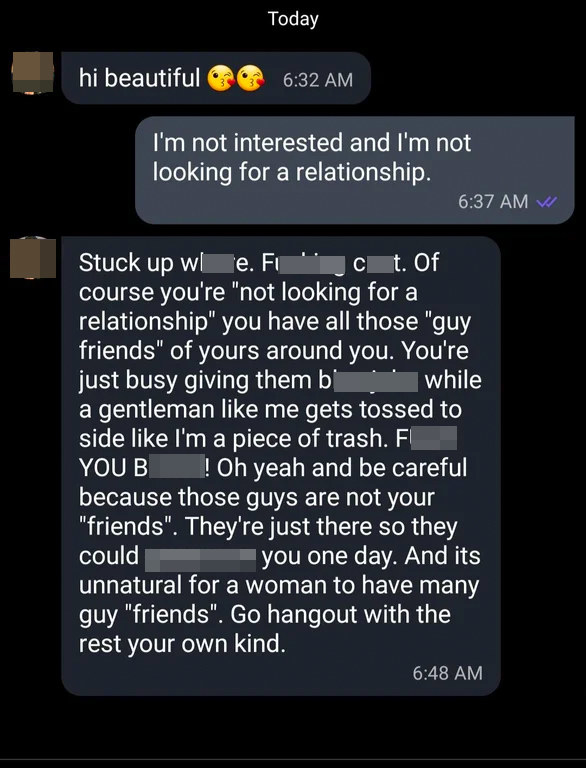 A rude individual goes on an explicit rant after someone says they&#x27;re not interested