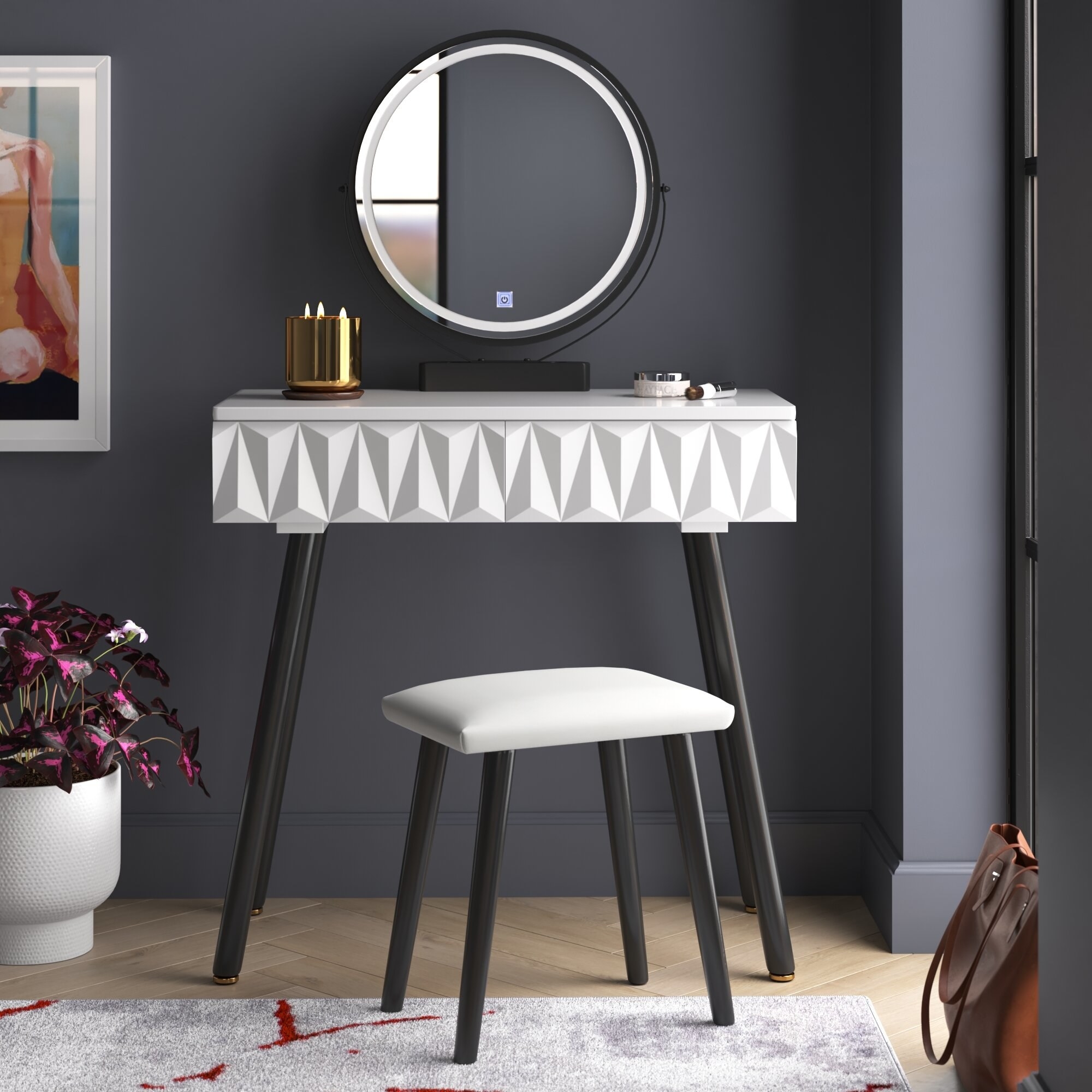A white and grey vanity with a circular mirror