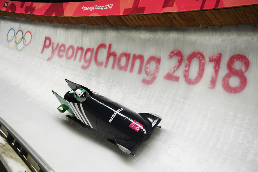 the bobsled rushes down the icy track