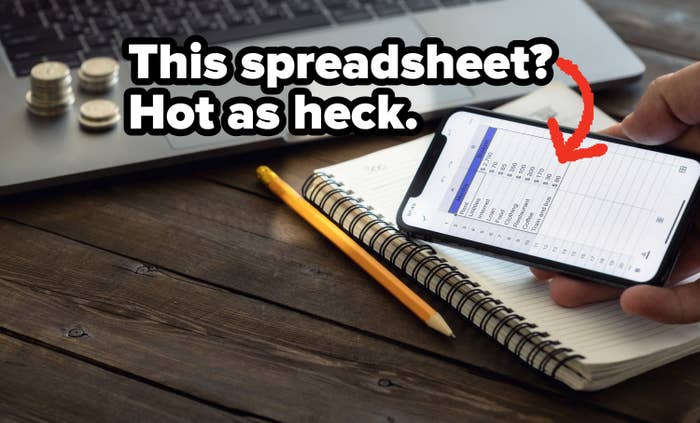 Person looking at a budgeting spreadsheet on their phone with the caption this spreadsheet is hot as heck