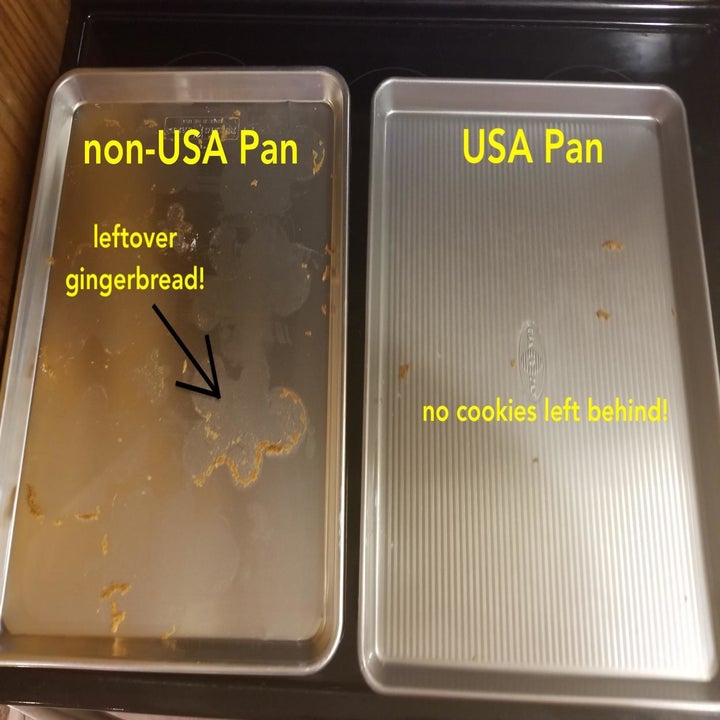 same reviewer showing that the non-USA pan left cookies on the pan while the USA pan merely left crumbs