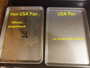 same reviewer showing that the non-USA pan left cookies on the pan while the USA pan merely left crumbs