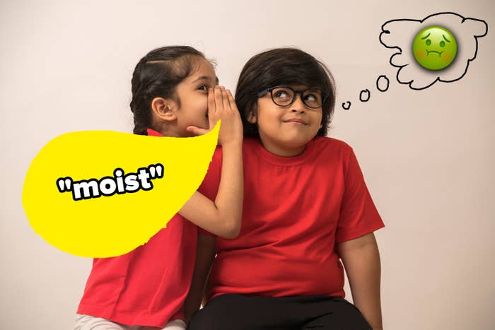 Child whispering "moist" into a friend's ear.