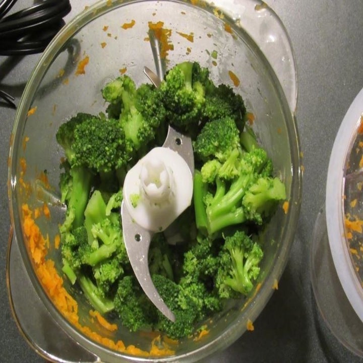 reviewer showing broccoli florets in the processor