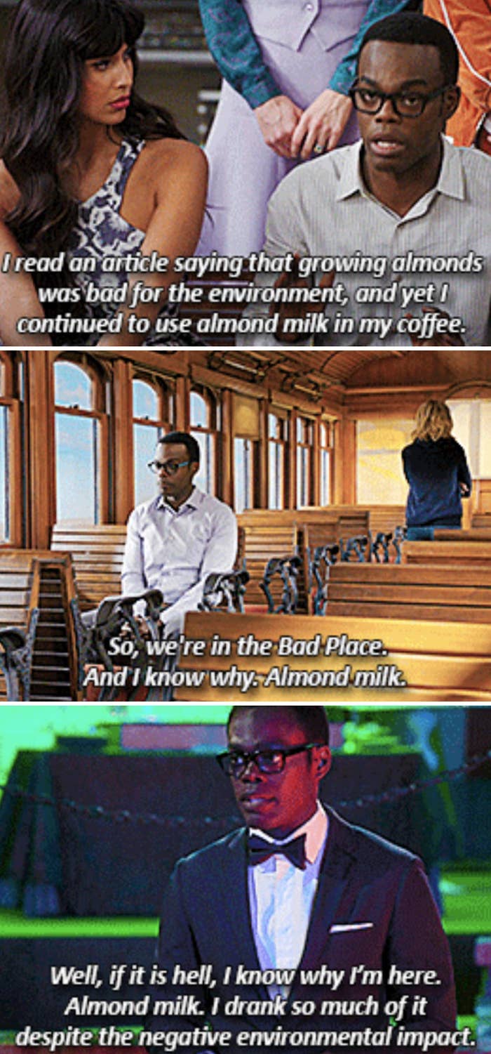 Chidi continuously explaining how drinking almond milk earned him a spot in the Bad Place