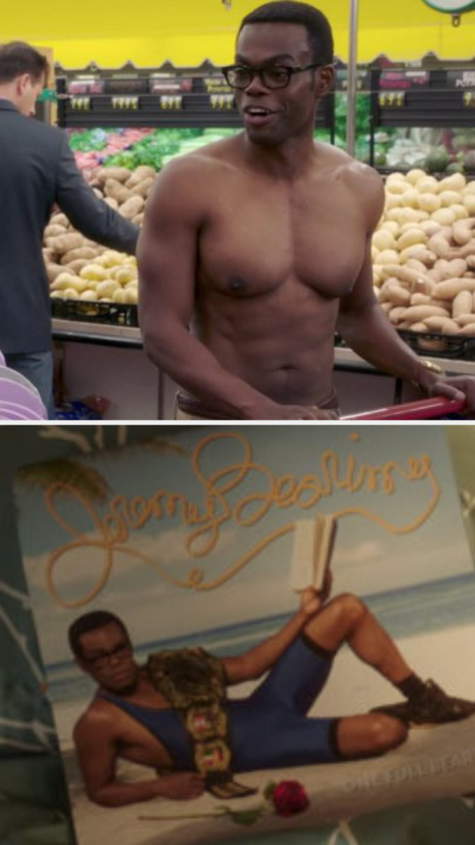 Chidi shirtless in the grocery store; Chidi posing in a wrestling suit on the cover of a Jeremy Bearimy calendar
