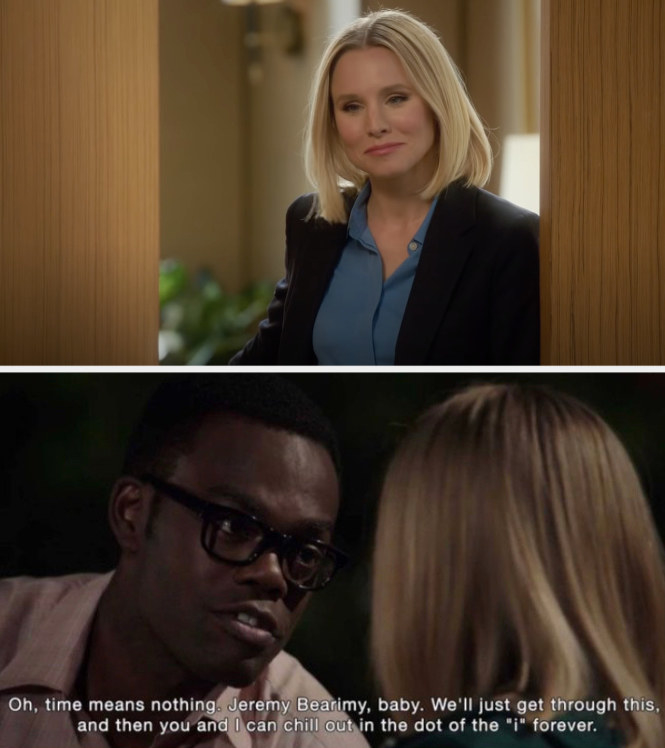 Eleanor as the main architect; Chidi telling Eleanor, &quot;Time means nothing. Jeremy Bearimy, baby.&quot;
