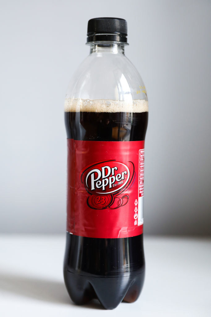 A bottle of Dr. Pepper soda.
