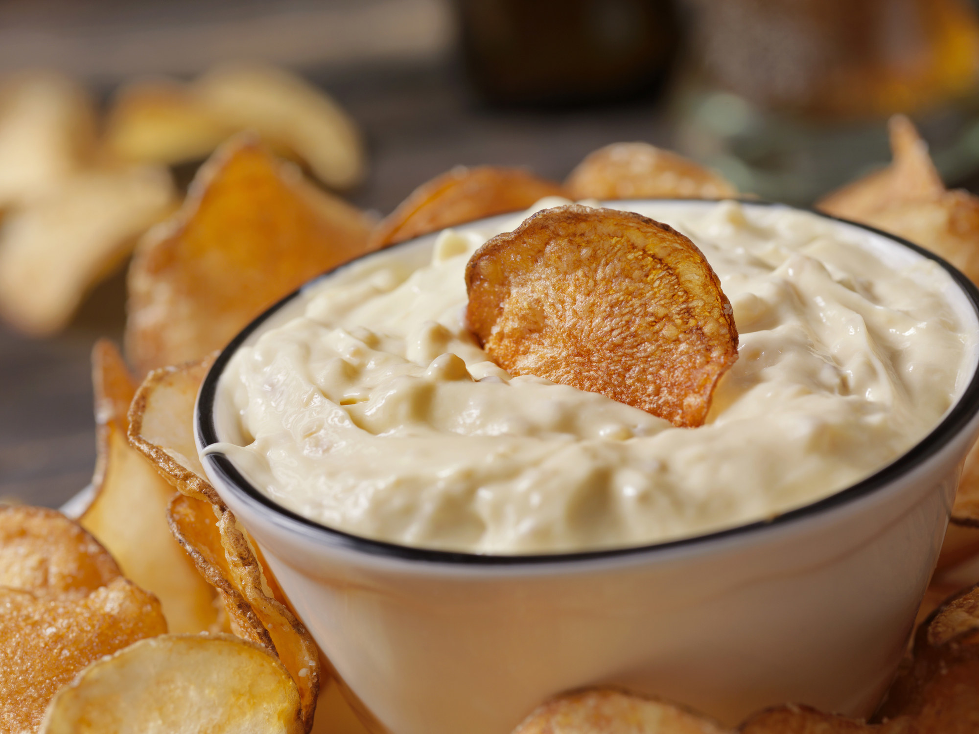 Onion soup dip with chips.