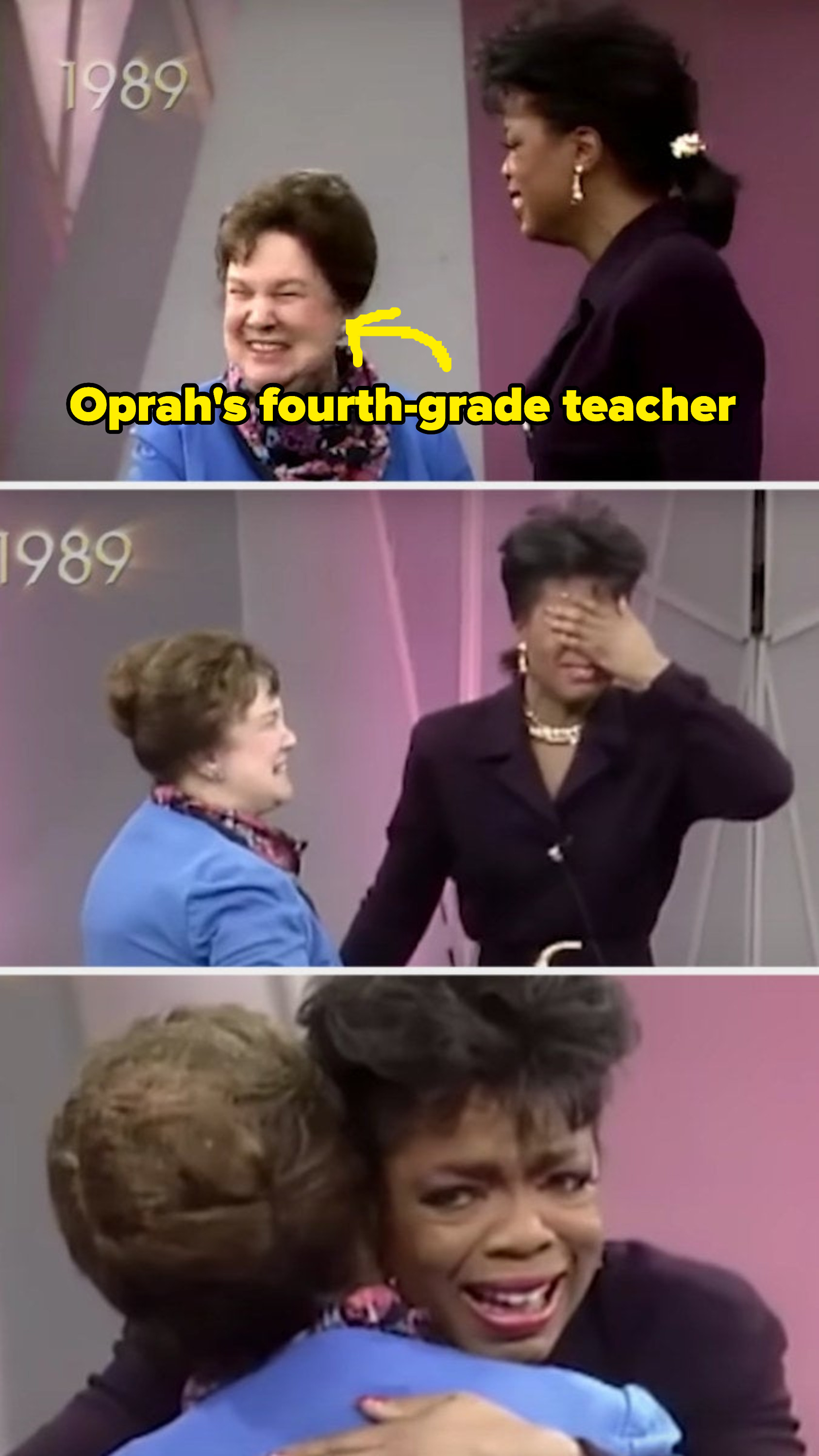 Oprah cries as she reunites with her favorite teacher, Mrs. Duncan, in 1989