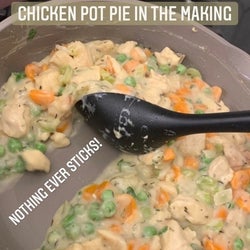 Me making the filling for a chicken pot pie with text 