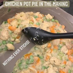 Maitland making the filling for a chicken pot pie with text 
