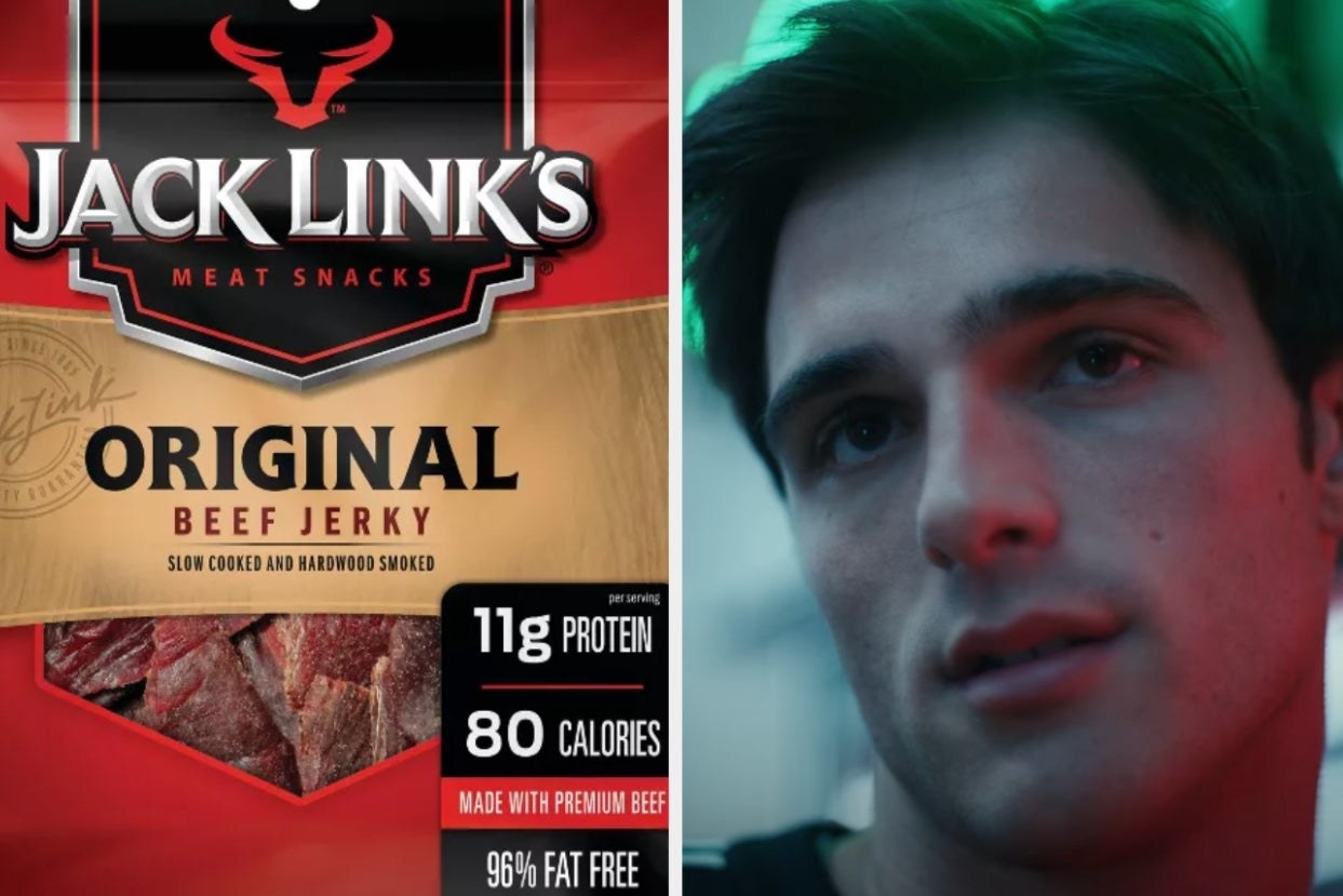 On the left: photo of beef jerky. On the right: photo of Nate.