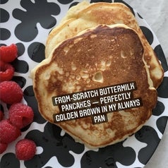 My photo of pancakes made in the pan with text "from scratch — perfectly golden brown in my always pan"
