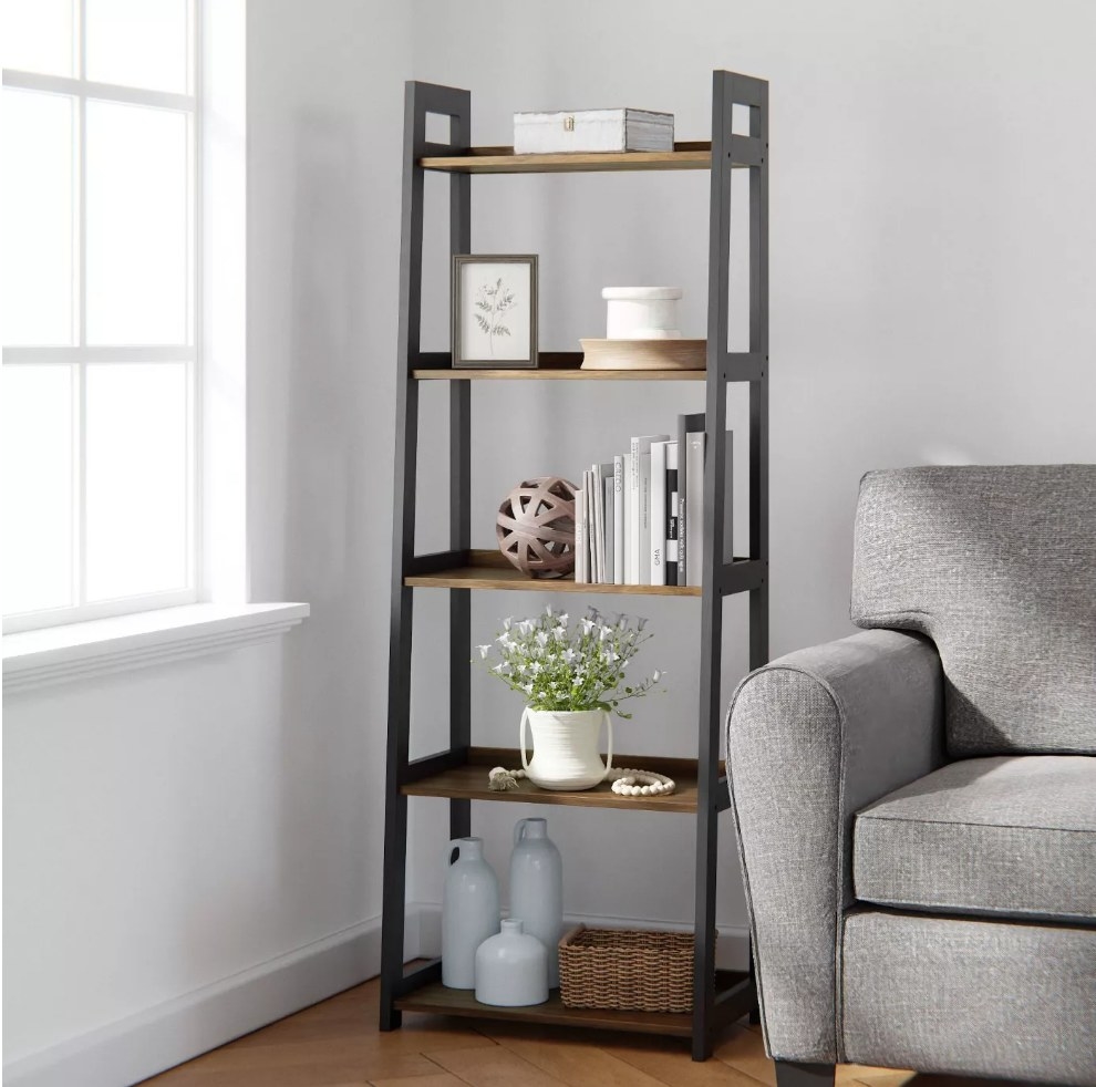 A black/brown 5-tier ladder bookcase