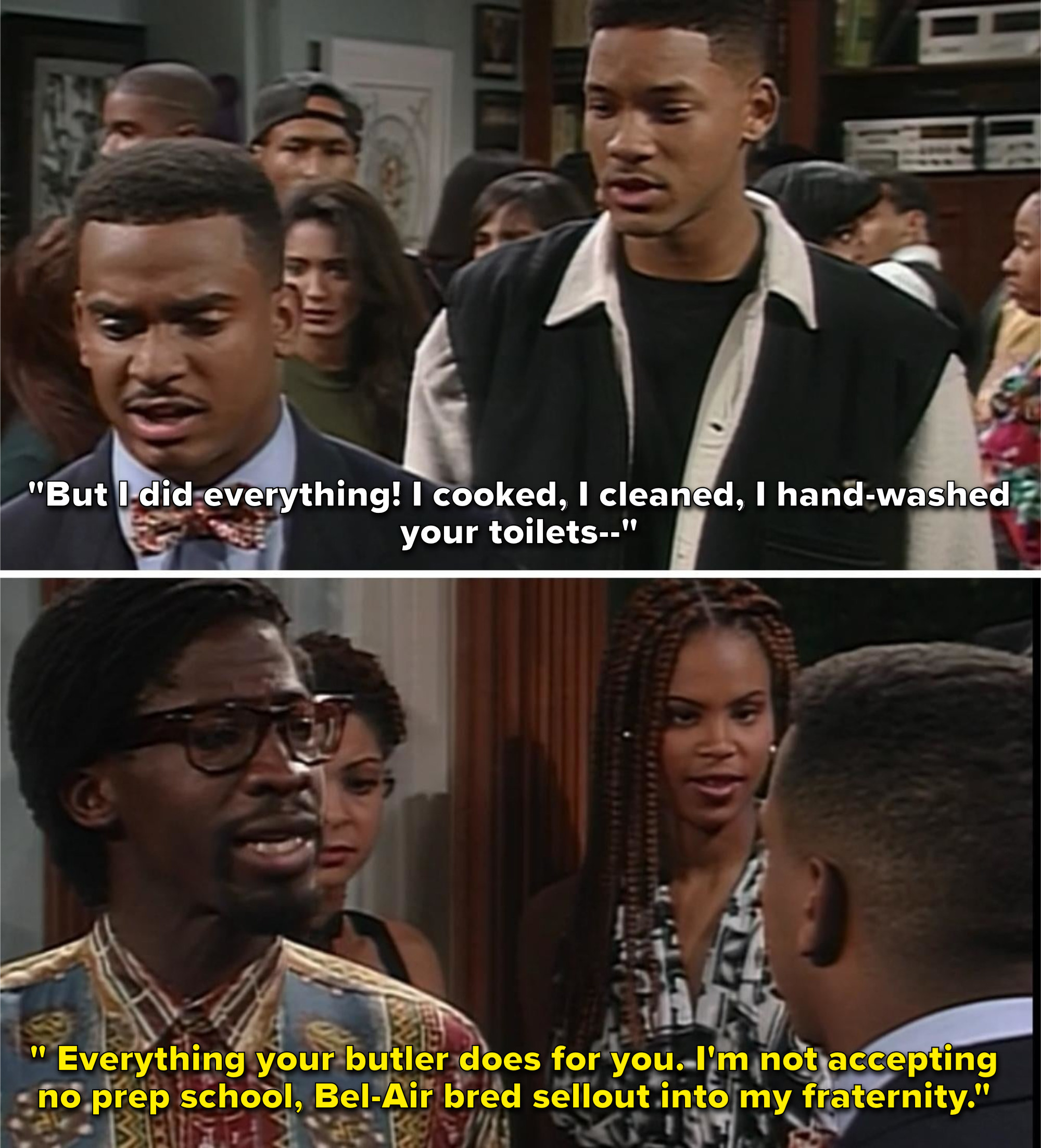 Carlton trying to understand why they won&#x27;t let him into the fraternity and the head saying it&#x27;s because he&#x27;s a sellout