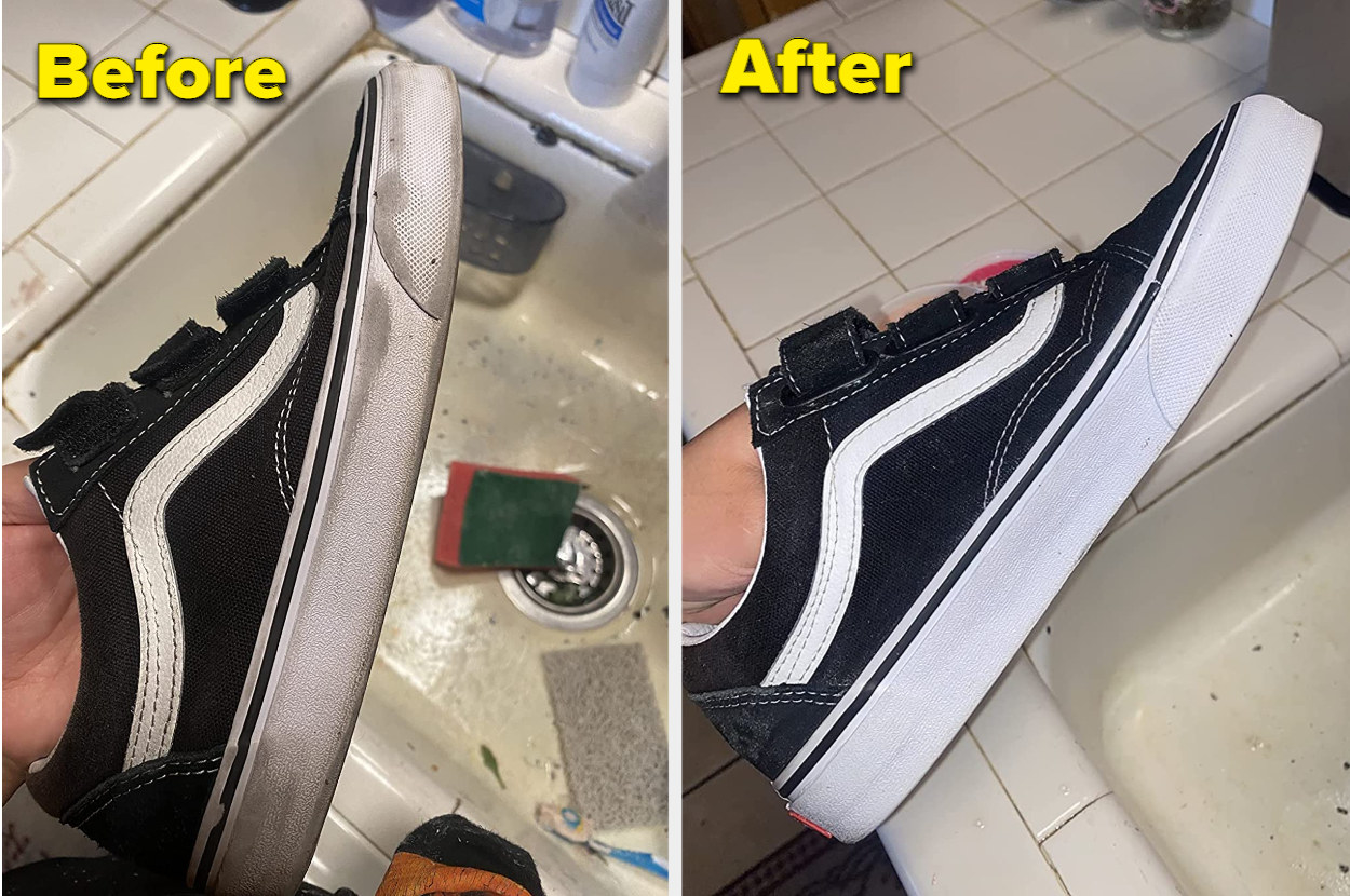 A reviewer shows before and after photos of their shoes. Before it has gray and dirty soles and after using The Pink Stuff, it is white and clean.
