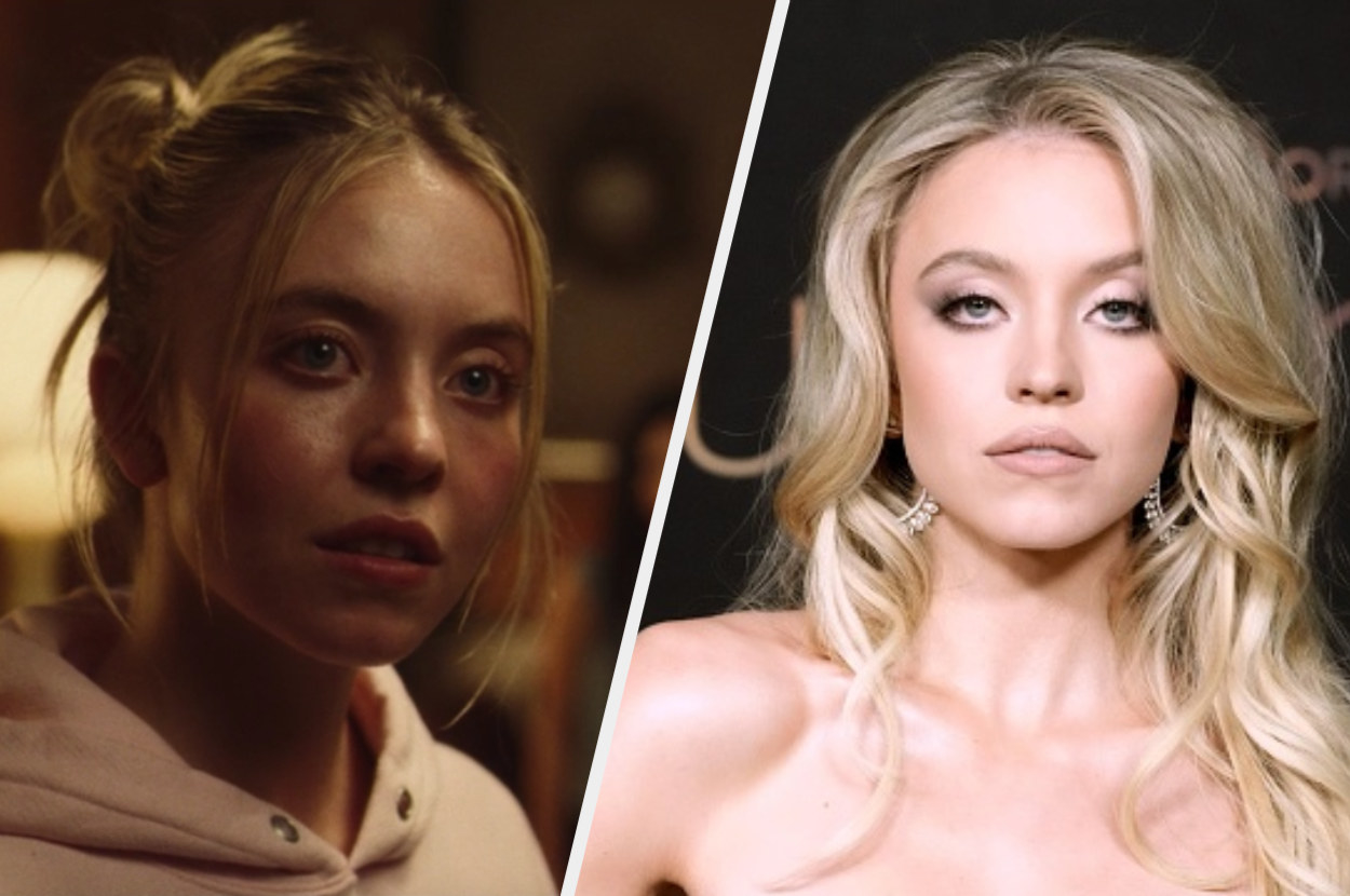 On the left: photo of Cassie. On the right: photo of Sydney Sweeney at premiere.