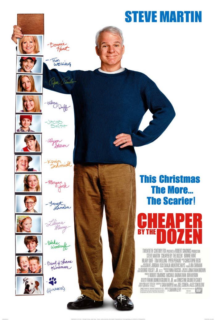 A poster for the film featuring Steve Martin holding up an oversized wallet with photos of the kids with their names next to their pictures