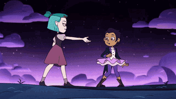 Luz takes Amity&#x27;s hand, then they start dancing with a dark purple sky and crescent moon behind them