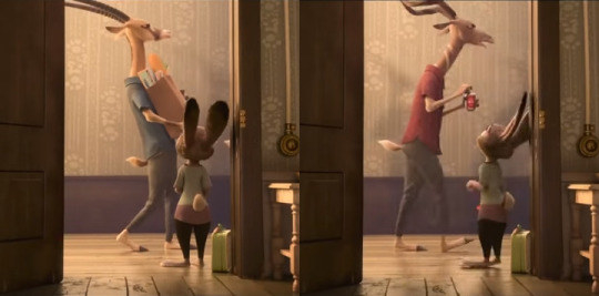Two images of Judy&#x27;s open doorway side by side; in one, Pronk is walking past in a blue T-shirt holding a bag of groceries, in the other, Bucky walks by in a red T-shirt holding a canned drink