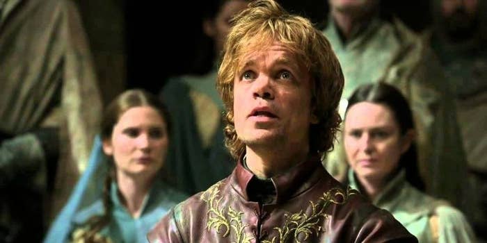 Peter Dinklage as Tyrion Lannister looking up to the court at the Vale