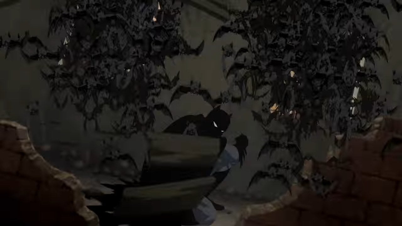 Batman crouching down as a swarm of bats fly into the room with him in &quot;Batman: Year One&quot;