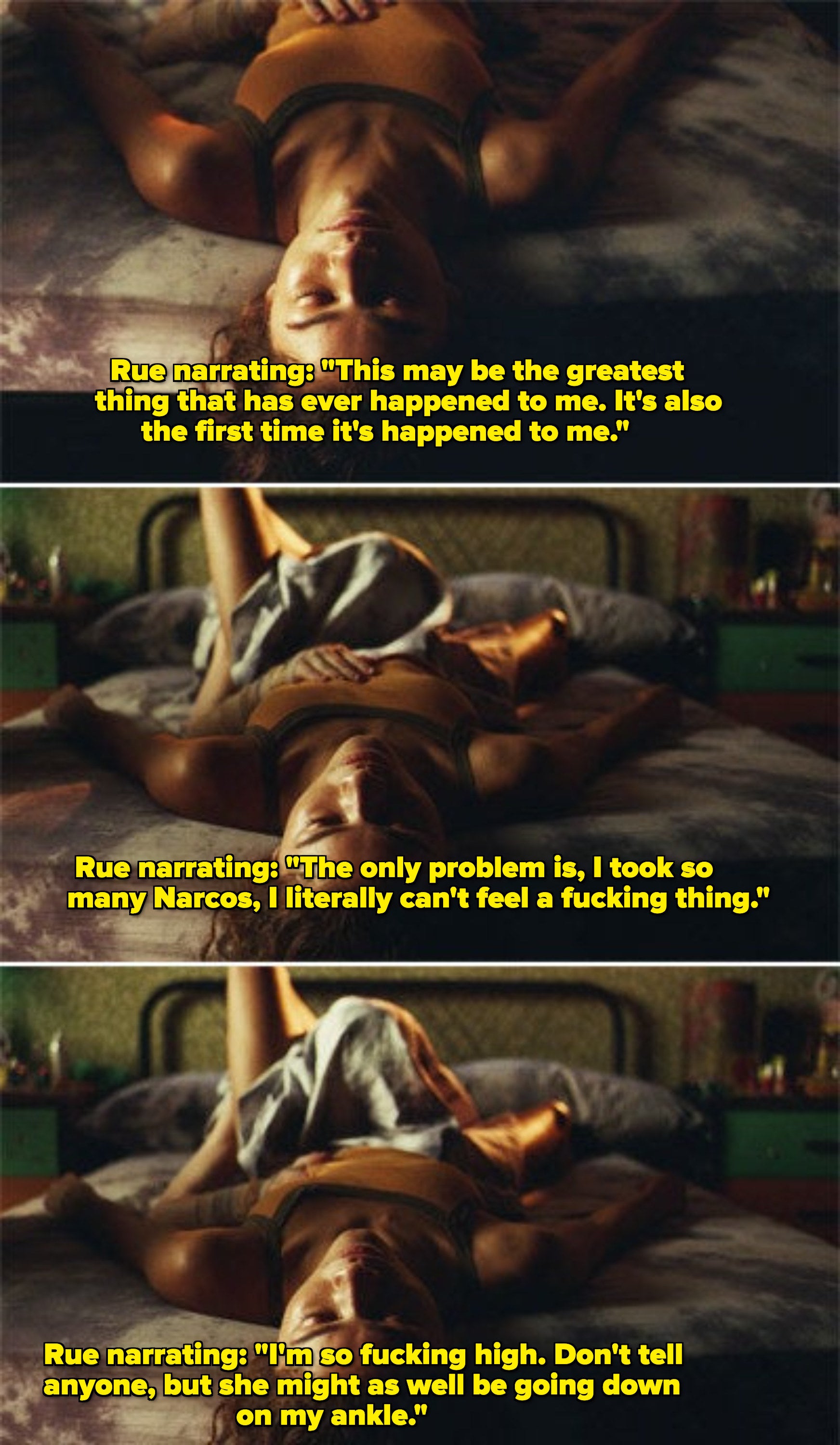 Rue getting head from Jules and narrating that she doesn't feel a thing because she's too high
