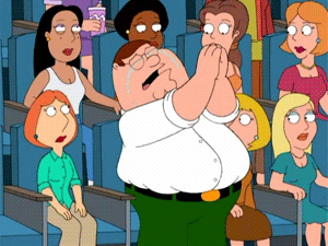 Peter Griffin stands and applauds as he ugly cries