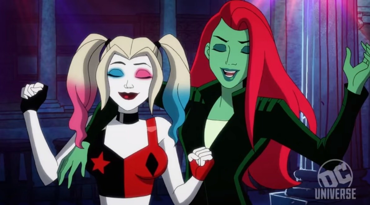 Ivy with her arm around Harley&#x27;s shoulder as both smile with their eyes closed