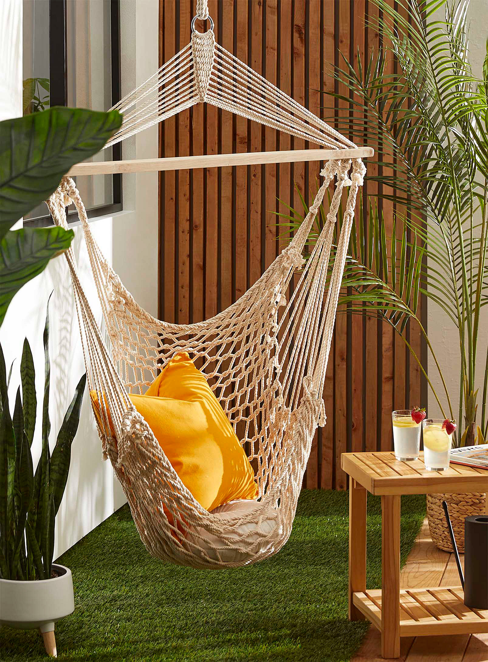 The hanging chair in a beachy interior